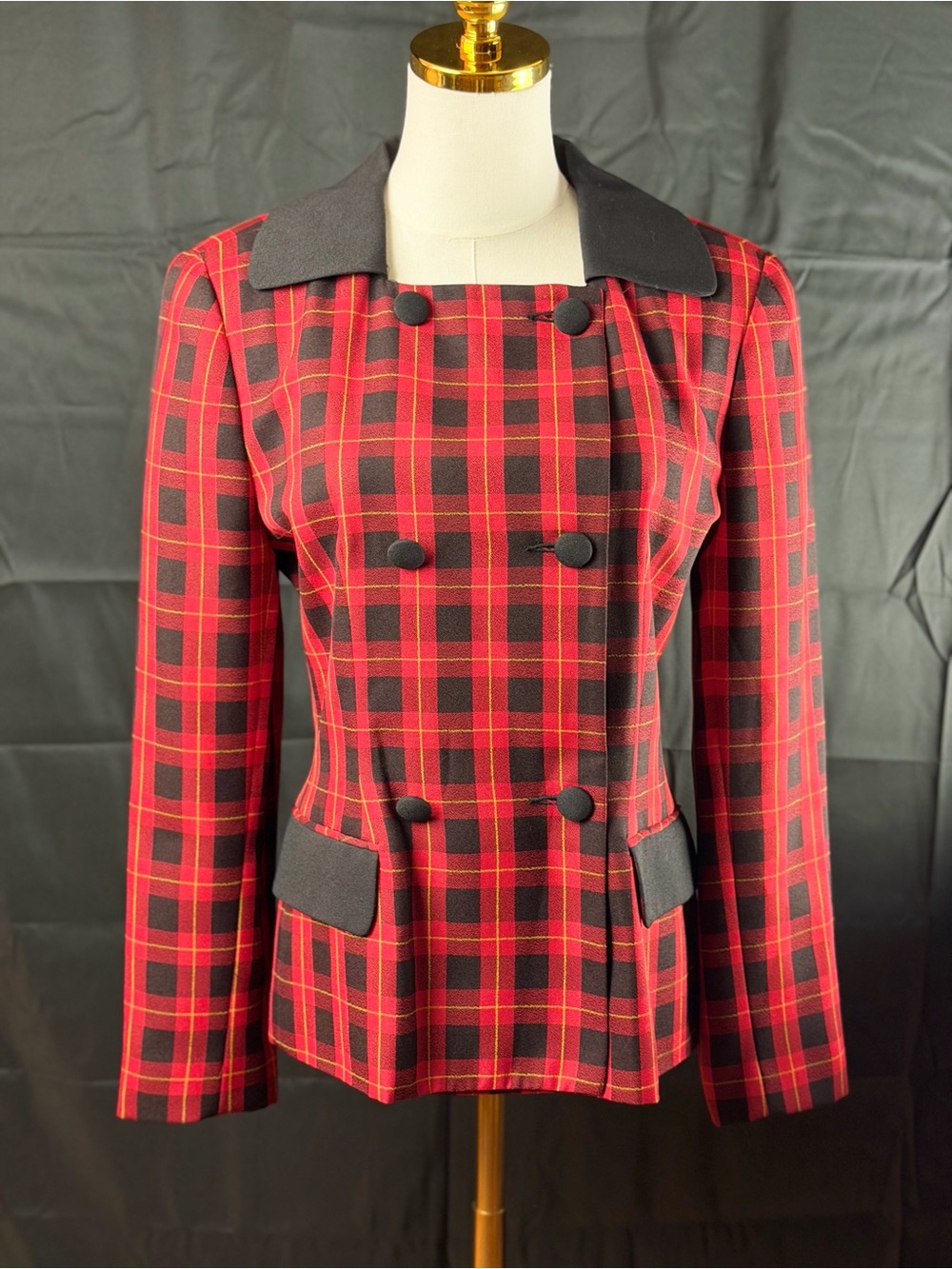 E.R. Gerard Red & Black Plaid Double-Breasted Blazer with Contrast Collar